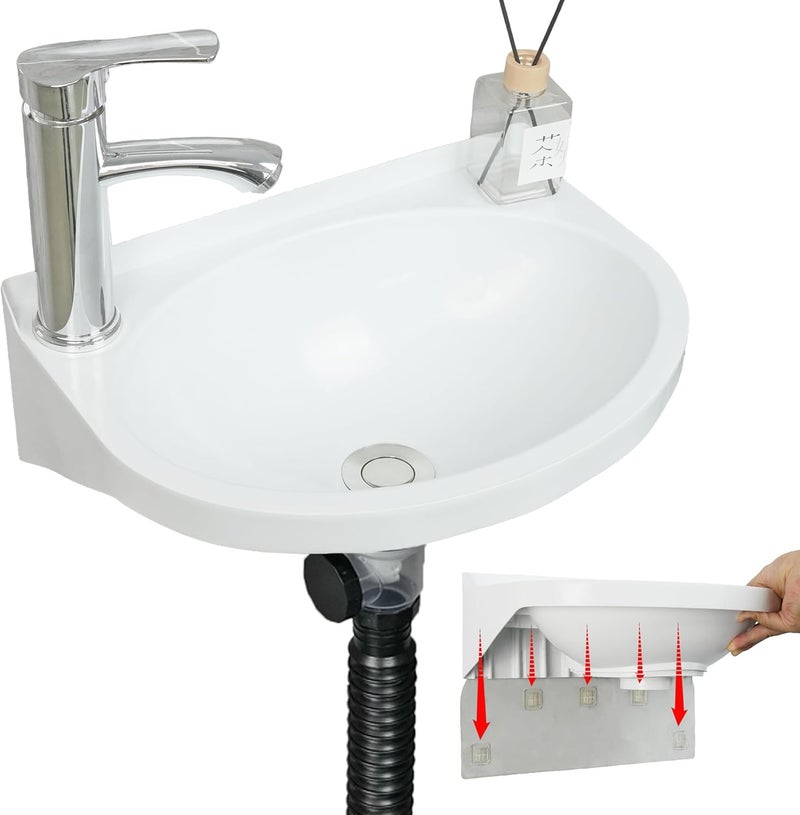 shawoo Small Bathroom Sink Wall Mount Bathroom Sink Wash basin, No-Drill Installation Self-Adhesive Sink 15.7 x 11 Inch with 1.26/0.86 Inch Faucet Hole, Mini Rv sink Plastic Sink for Home, Dorm, Garage - Image 1